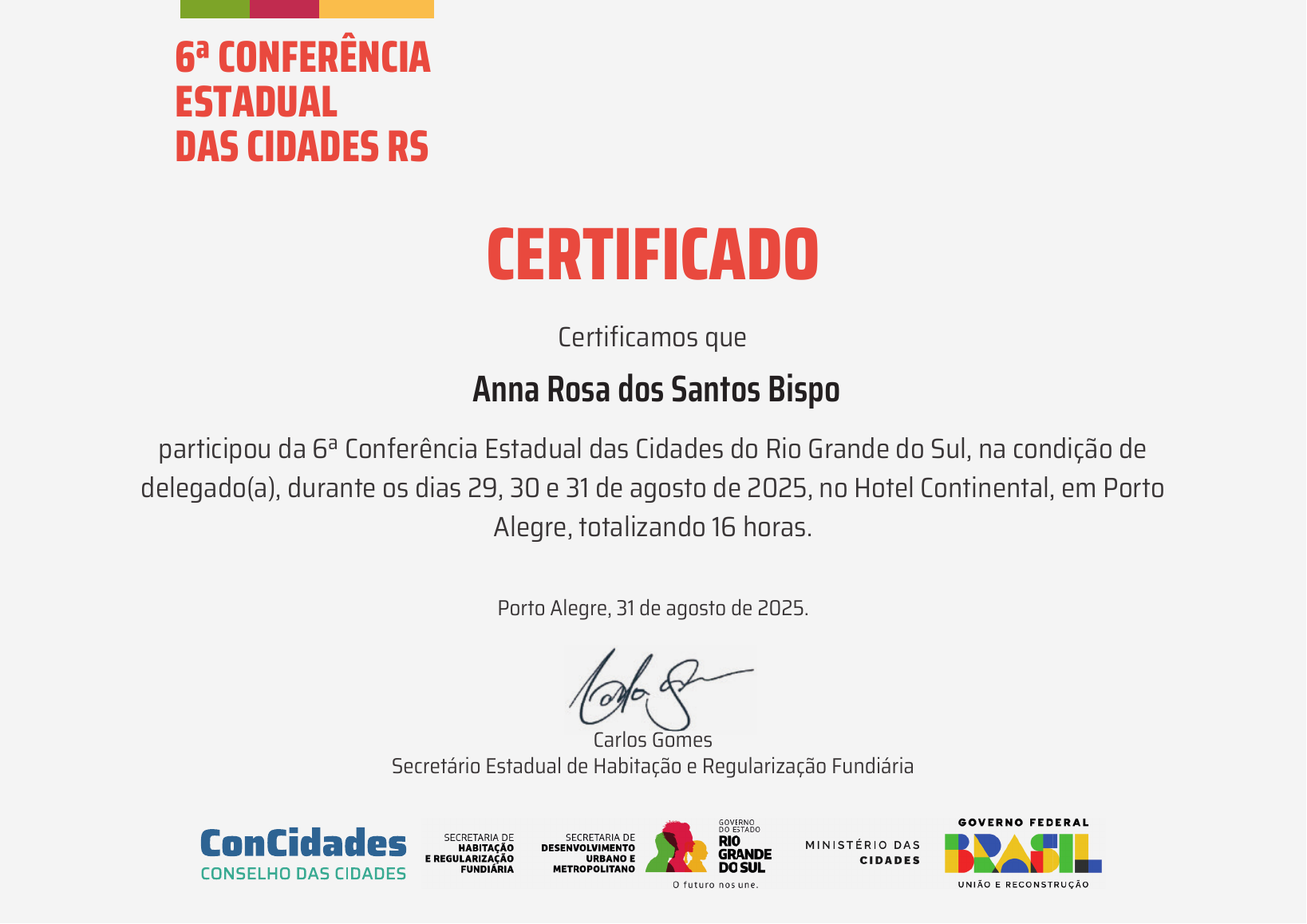Certificado da 6ª Conferência Estadual das Cidades do Rio Grande do Sul